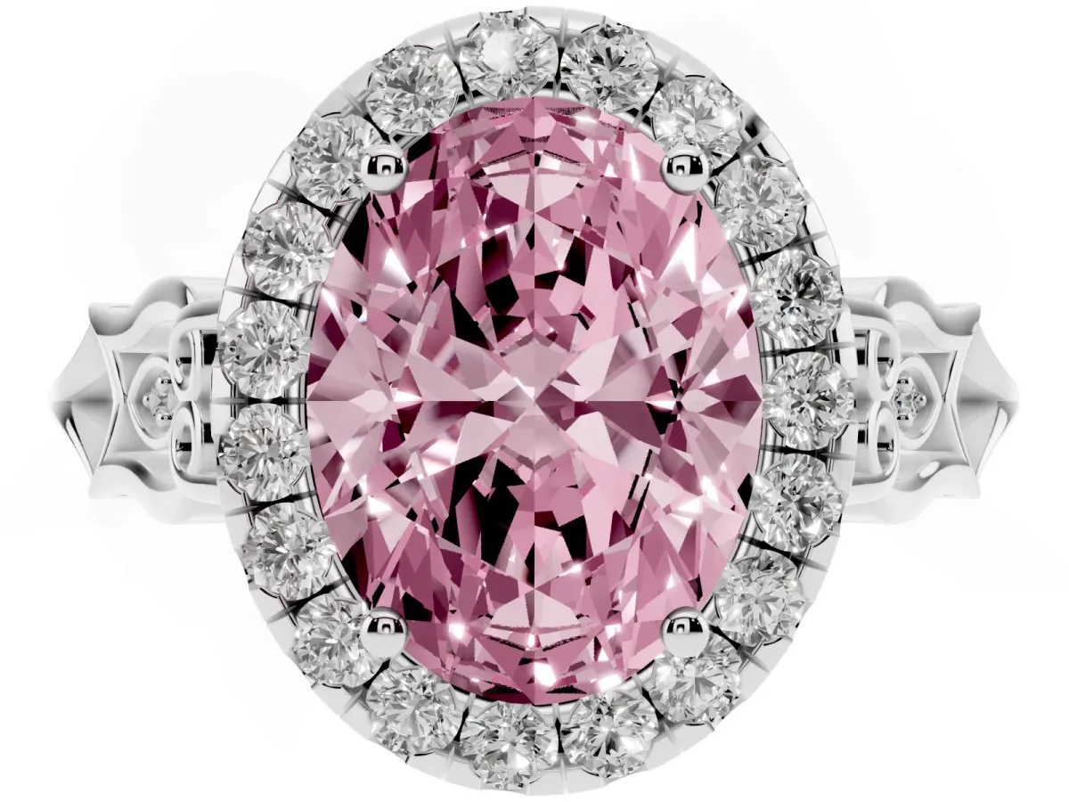 Fancy Pink Oval Cut Halo Diamond Engagement Ring with Filigree Band and Four-Prong Setting White gold