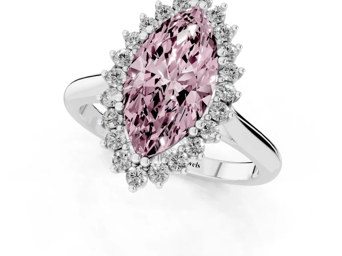 Fancy Pink Marquise Cut Cut Diamond Halo Ring with Solitaire Band and Prong Setting Platinum