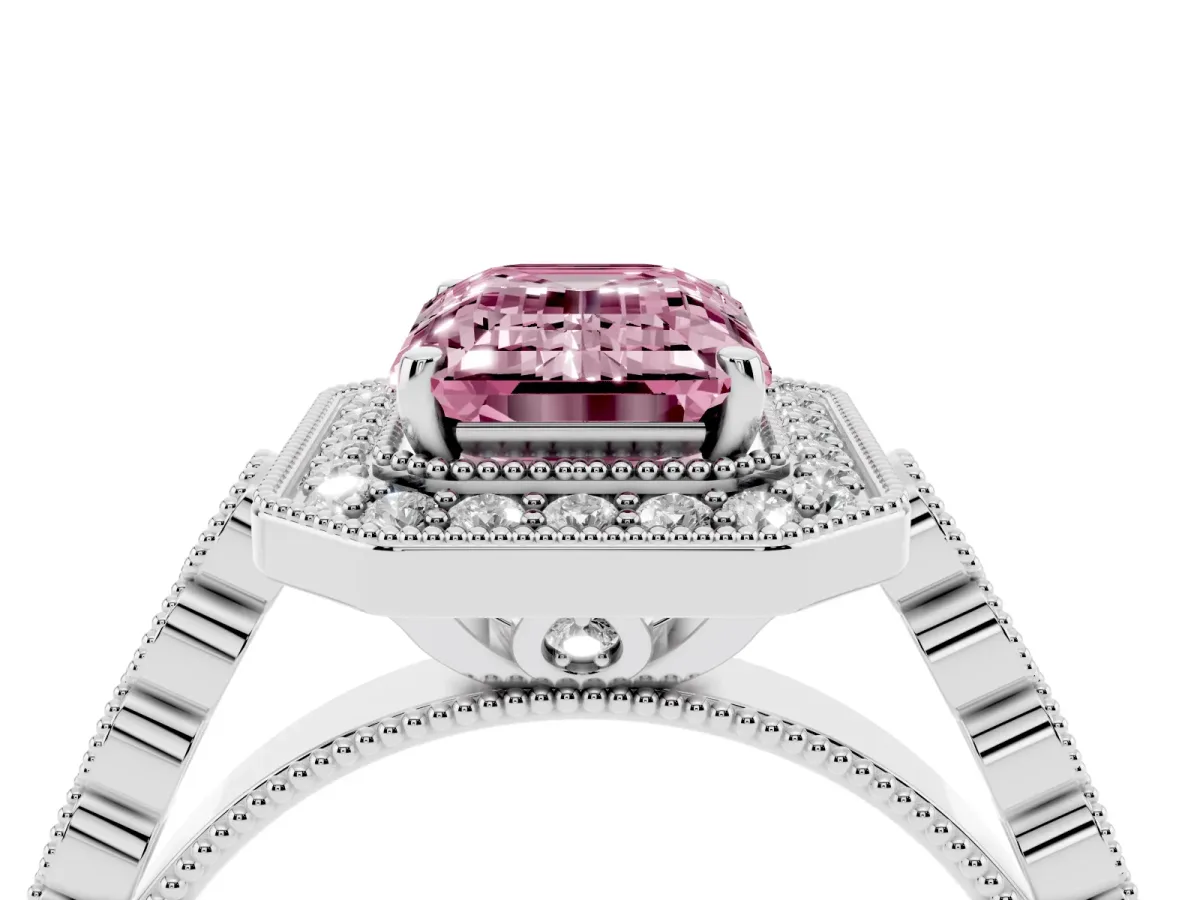 Fancy Pink Emerald Cut Halo Milgrain Solitaire with Bezel Set Side Stones and Pave Band White gold