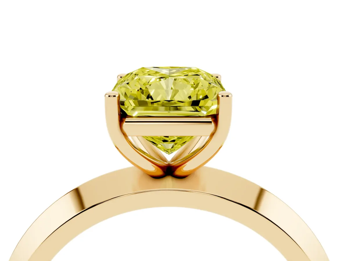 Fancy Yellow Radiant Cut Cut Solitaire Engagement Ring with Flat Band and Four-Prong Setting Yellow gold