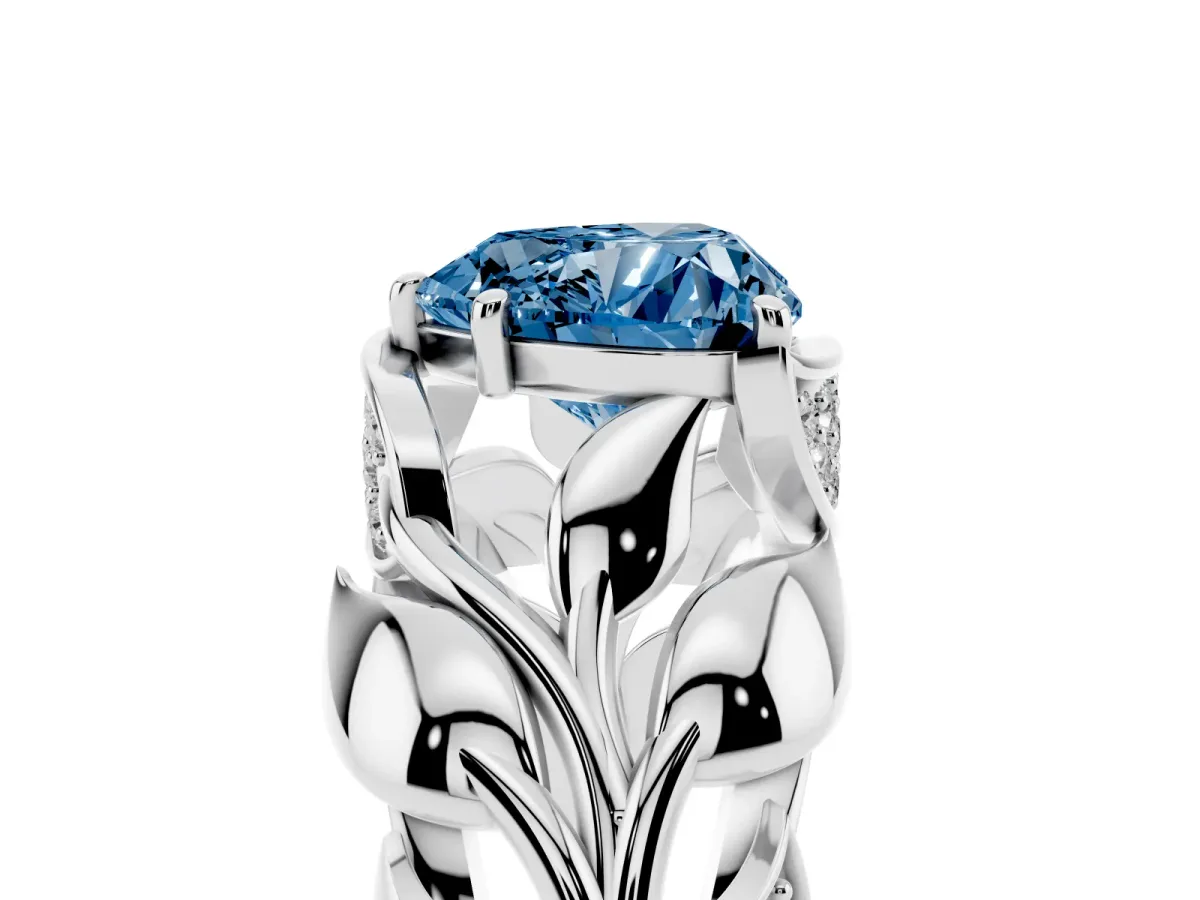 Fancy Blue Heart Cut Diamond Leaf-Inspired Engagement Ring with Round Accents and Prong Setting White gold