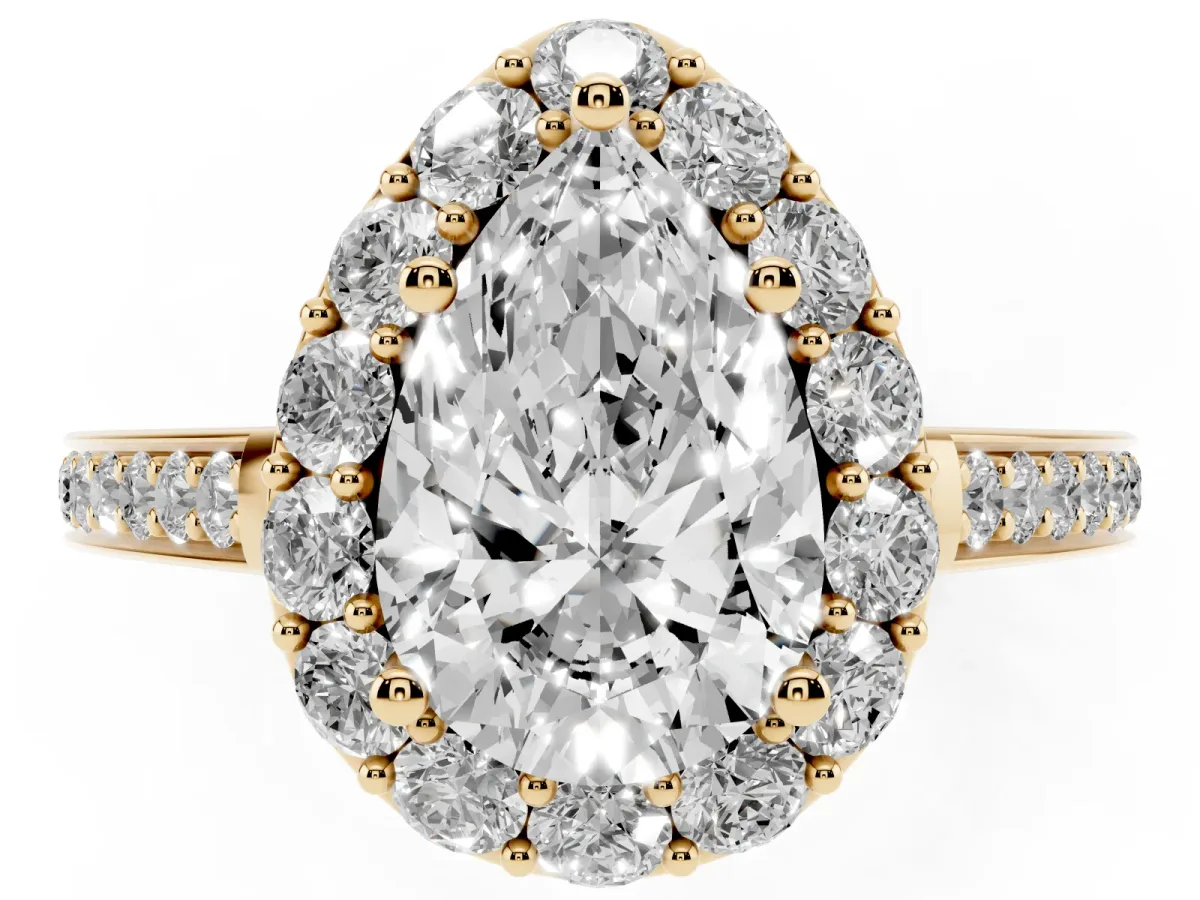 Pear Cut Diamond Floral Halo Ring with Pavé Band and Prong Setting Yellow gold
