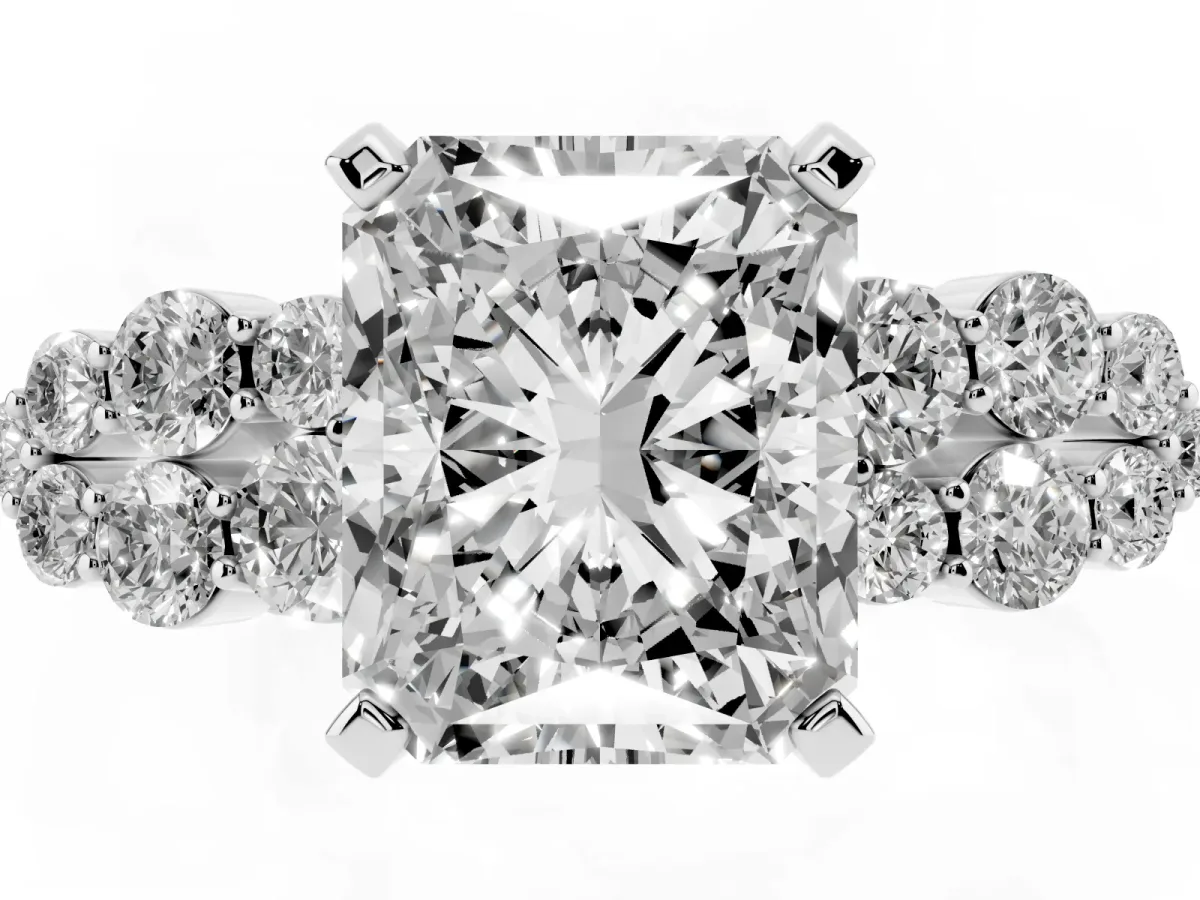 Radiant Cut Cluster Diamond Engagement Ring with Pavé Band and Four-Prong Setting Silver