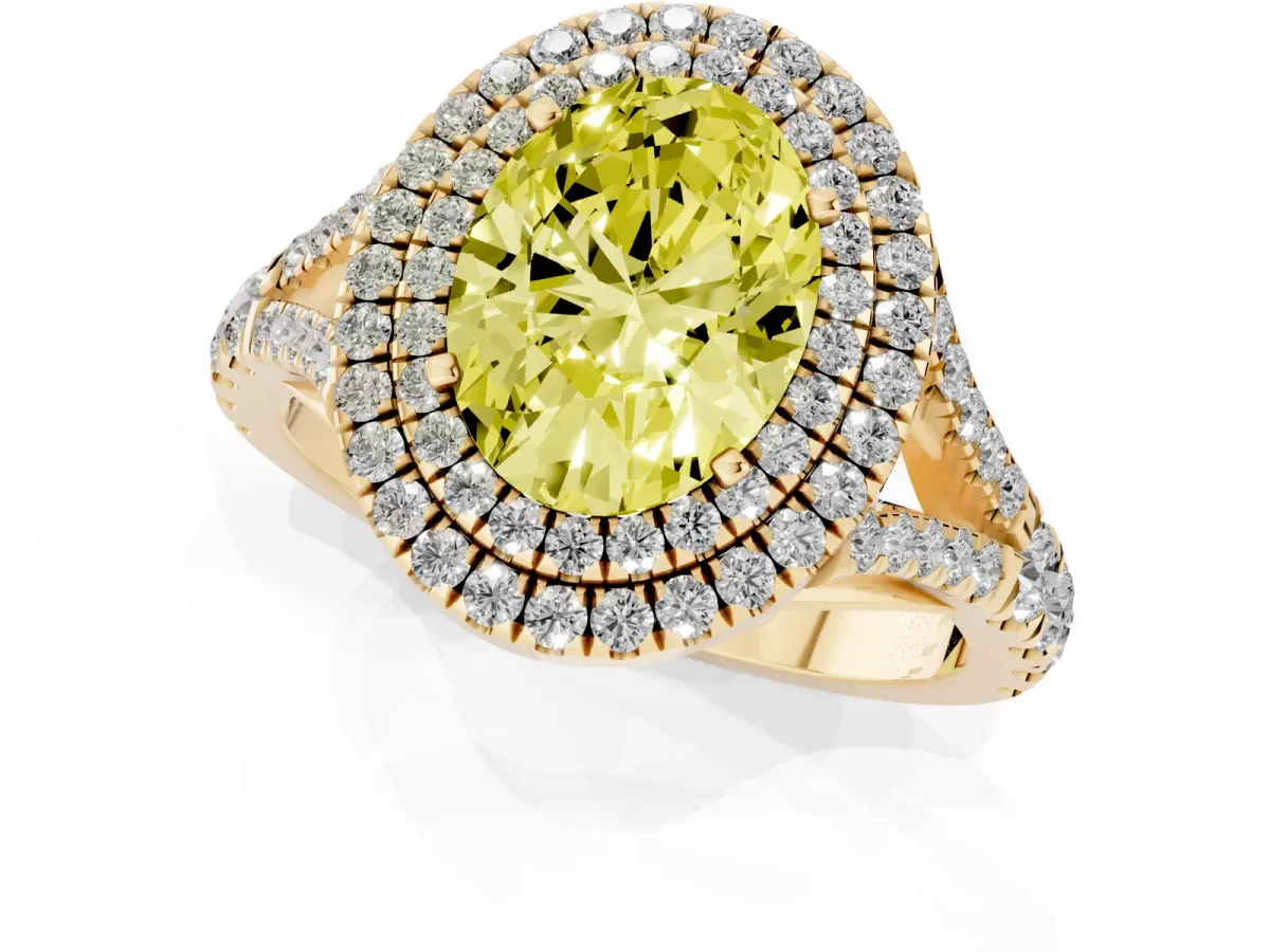 Fancy Yellow Oval Cut Cut Double Halo Split Shank Diamond Ring with Prong Setting Yellow gold