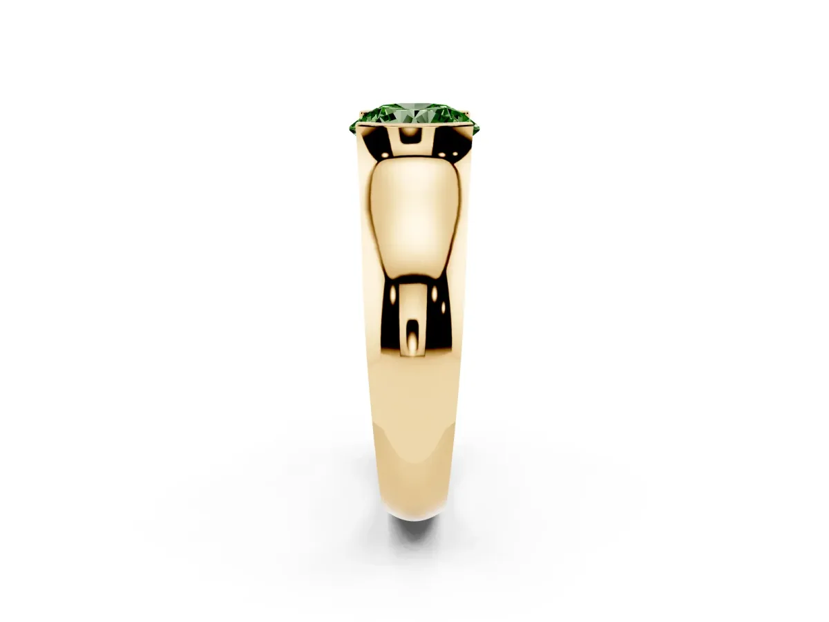 Fancy Green Round Cut Solitaire Bezel Set Diamond Ring with Wide Band Yellow gold