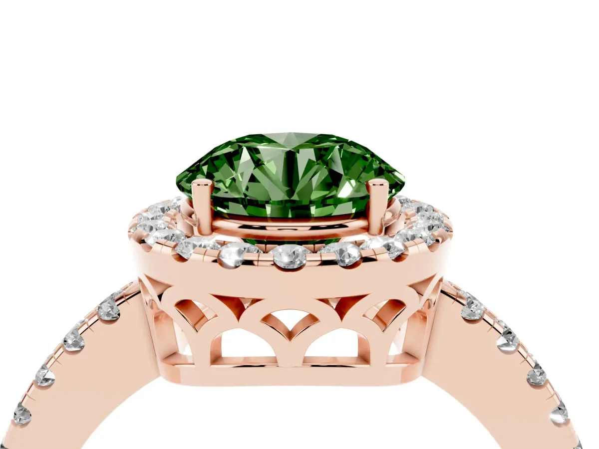 Fancy Green Round Cut Halo Diamond Engagement Ring with Pavé Band and Four-Prong Setting Rose gold