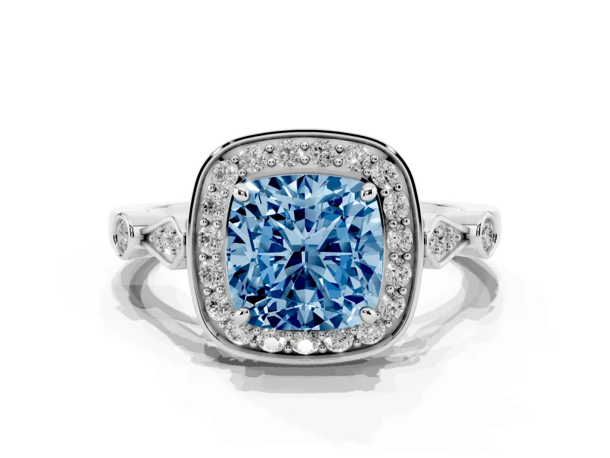 Fancy Blue Cushion Cut Halo Diamond Engagement Ring with Twisted Band and Four-Prong Setting Silver