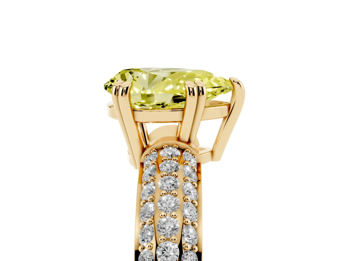 Fancy Yellow Pear Cut Diamond Solitaire Ring with Multi-Row Round Pavé Band and Prong Setting Yellow gold