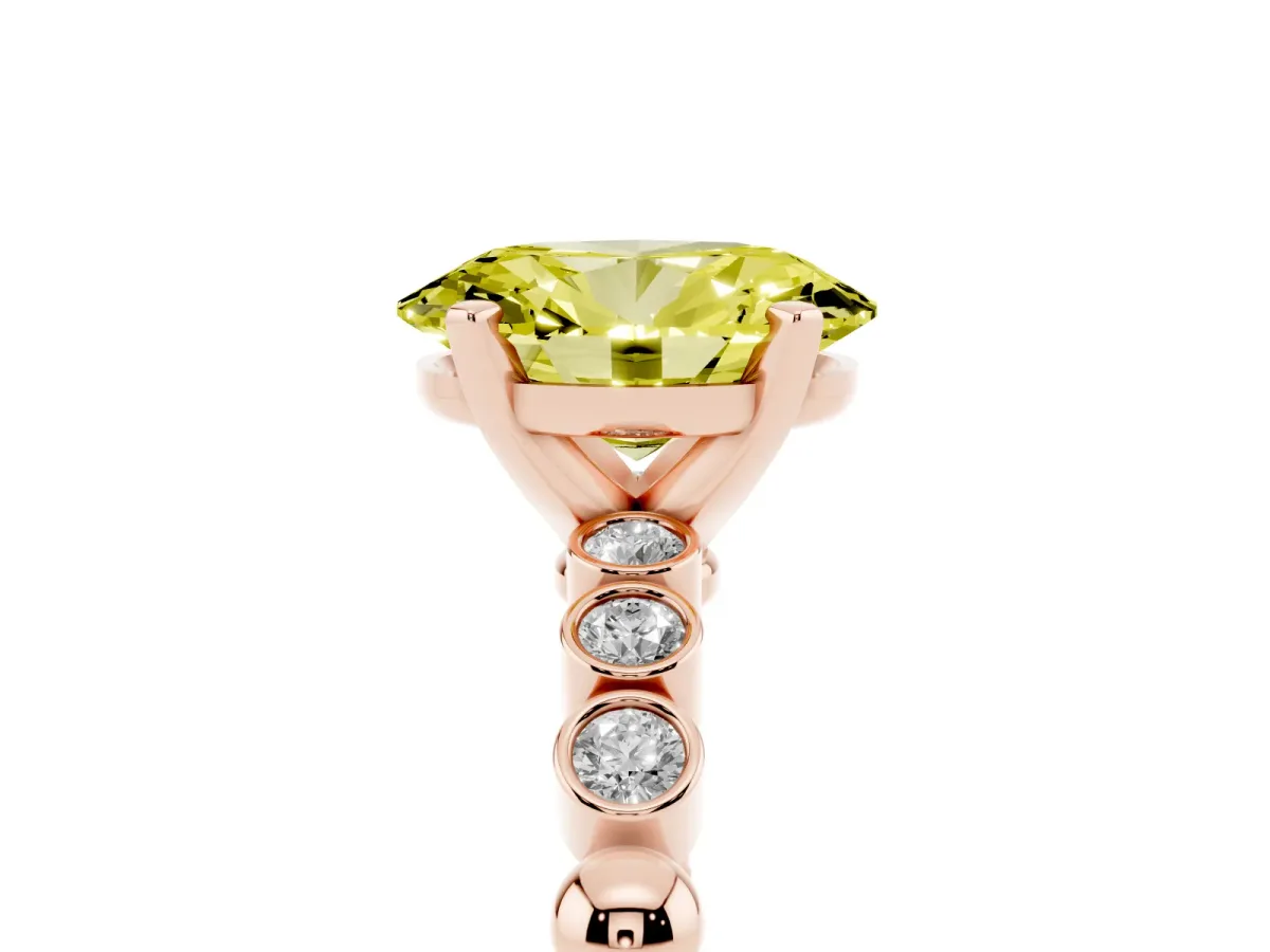 Fancy Yellow Oval Cut Solitaire Bezel Accent Diamond Engagement Ring with Beaded Band and Four-Prong Setting Rose gold