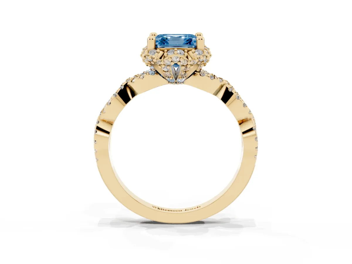 Fancy Blue Asscher Cut Halo Twist Band Solitaire Ring with Six-Prong Setting Yellow gold