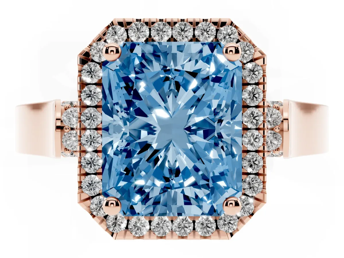 Fancy Blue Radiant Cut Halo Pave Split Shank Prong Setting Ring Rose gold