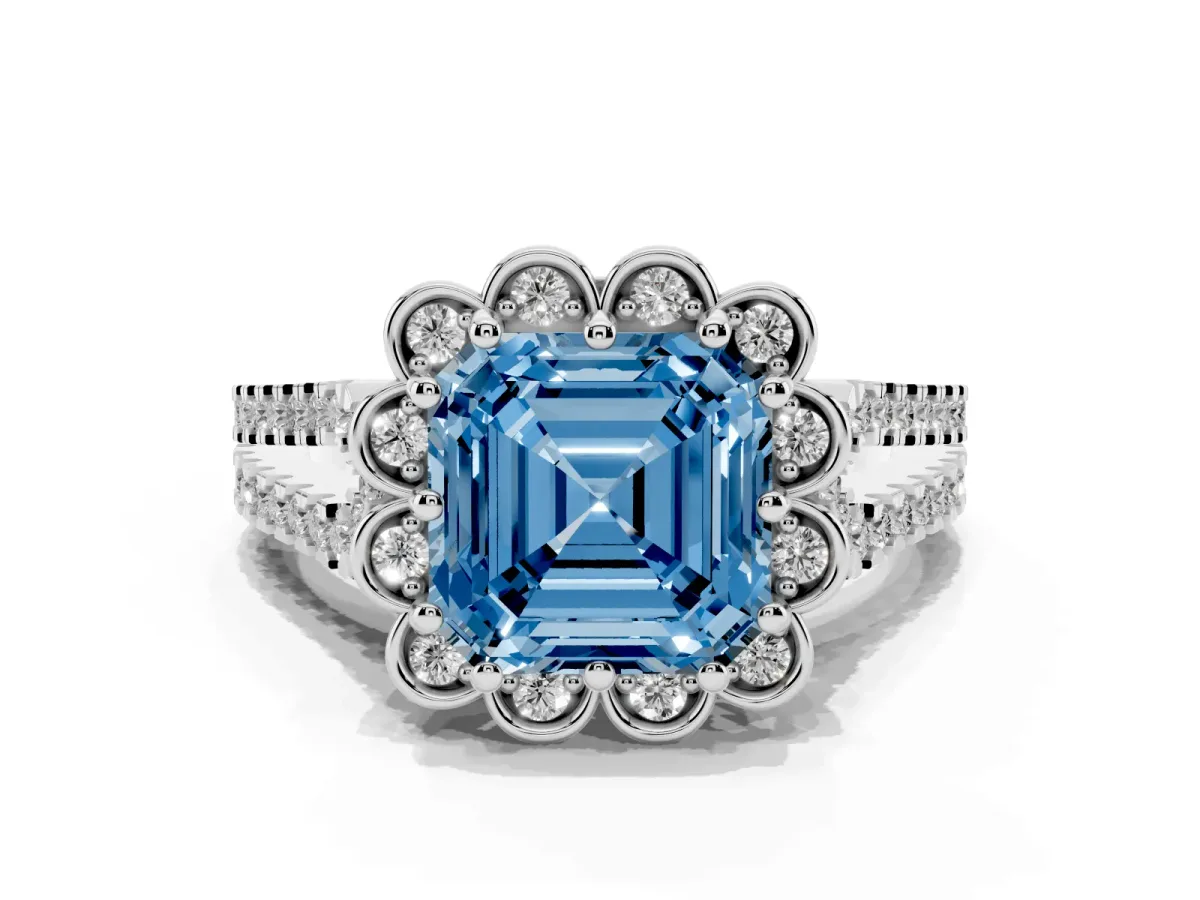 Fancy Blue Asscher Cut Halo Diamond Floral Split Shank Engagement Ring Platinum