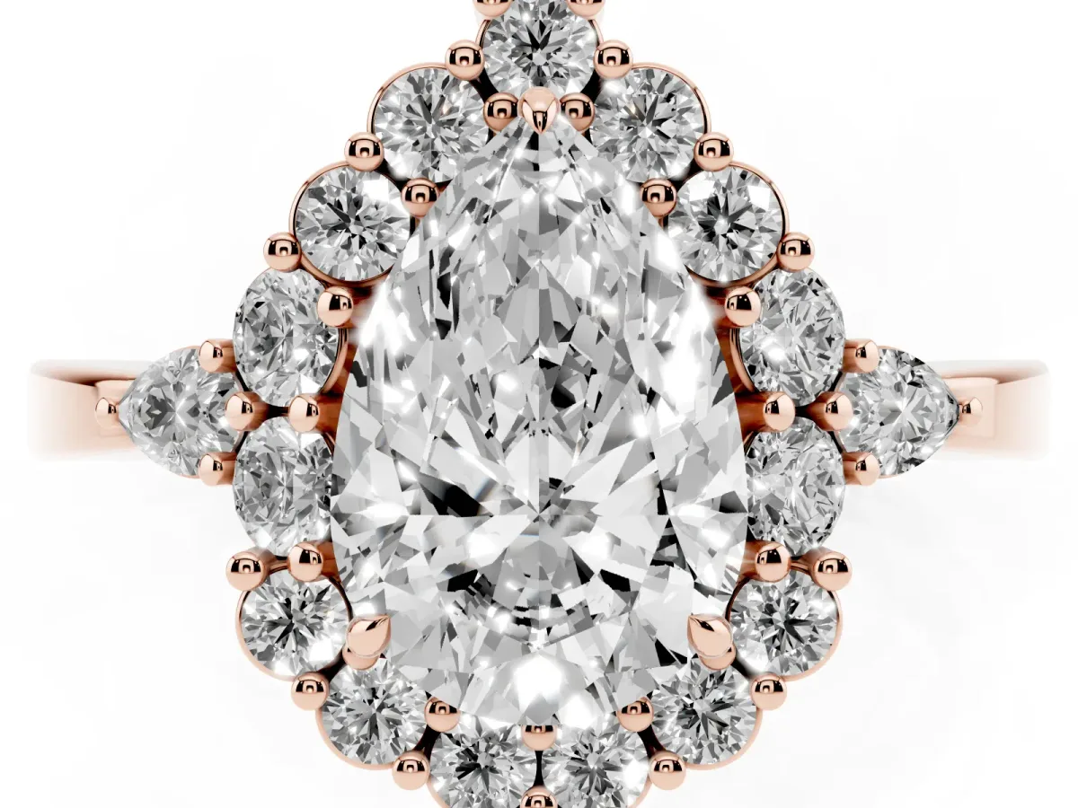 Pear Cut Diamond Halo Ring with Pear Side Stones and Prong Setting Rose gold