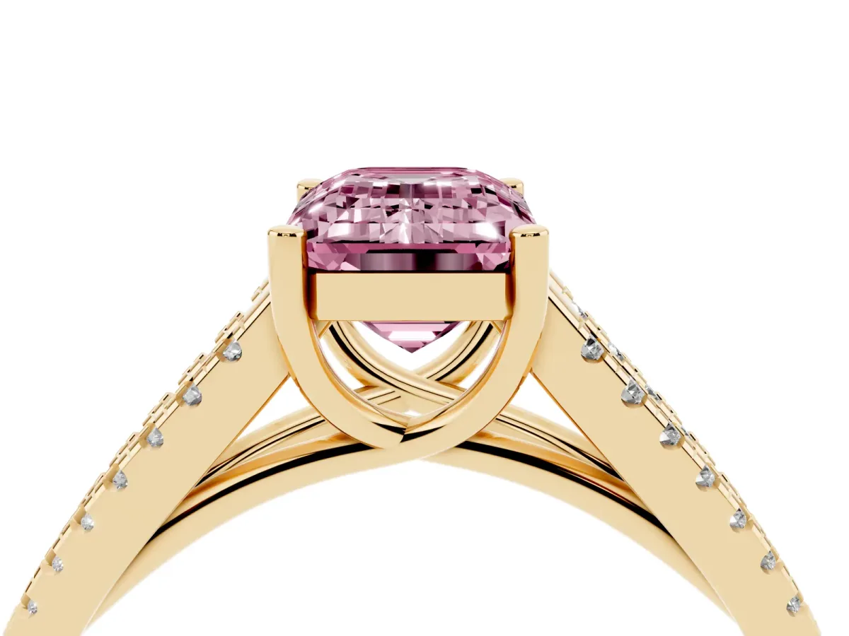 Fancy Pink Emerald Cut Diamond Solitaire Engagement Ring with Split Shank Pavé Band Yellow gold