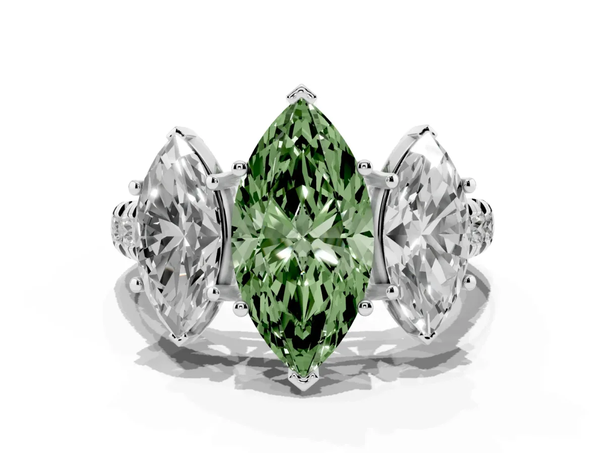 Fancy Green Three-Stone Marquise Cut Diamond Pavé Band with Prong Setting Silver