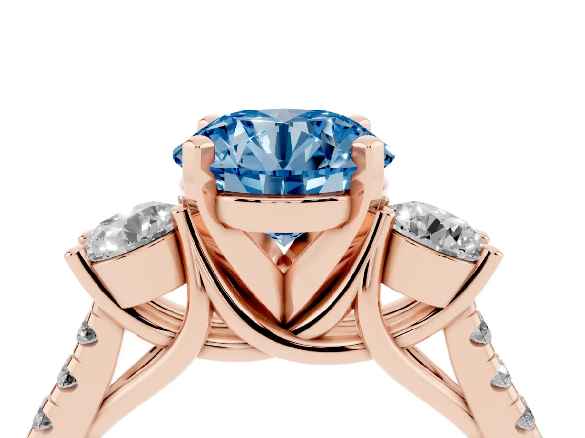 Fancy Blue Three-Stone Round Cut Diamond Pavé Band with Four-Prong Setting Rose gold
