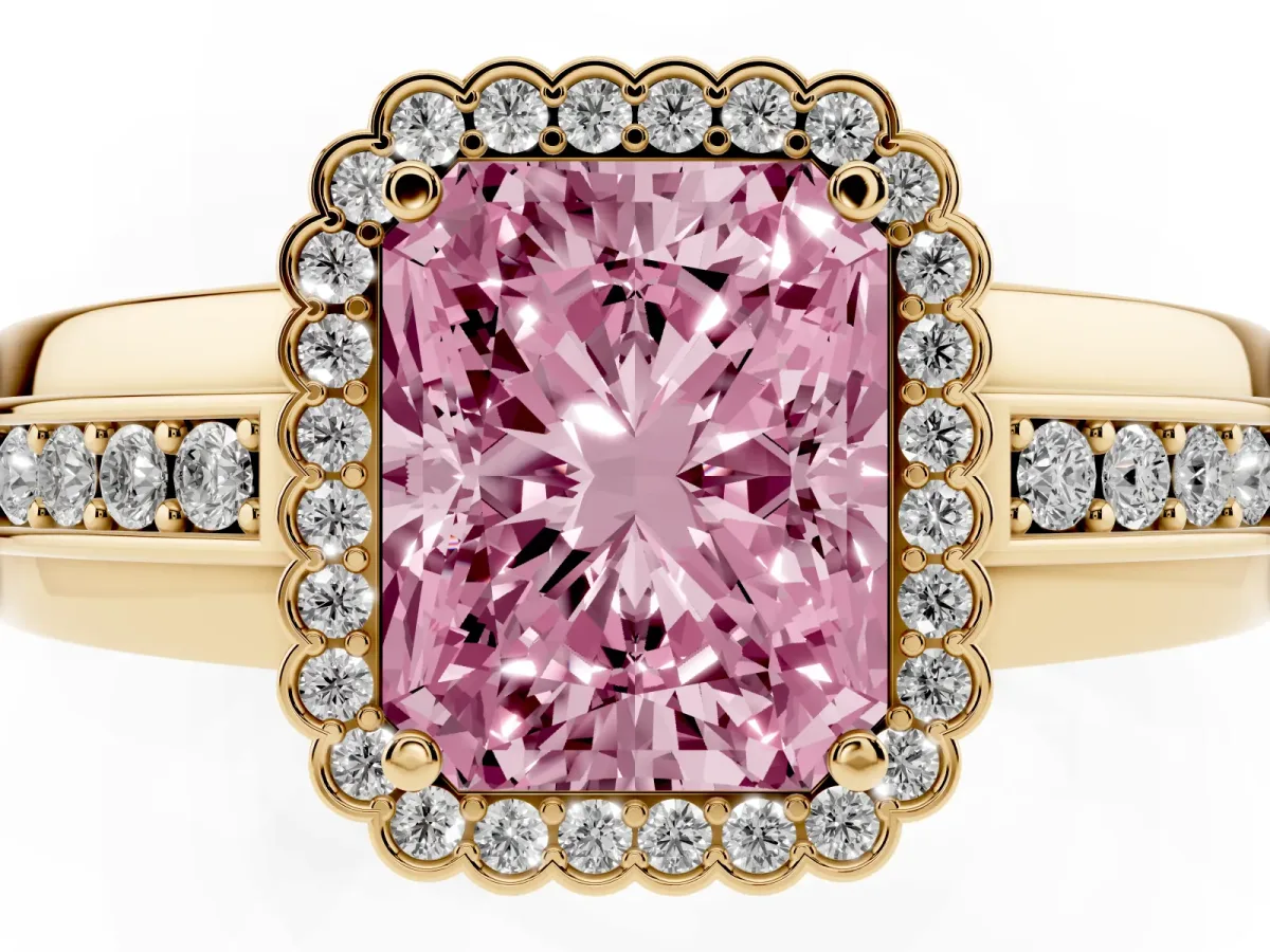 Fancy Pink Radiant Cut Cut Halo Pave Band Four-Prong Ring Yellow gold