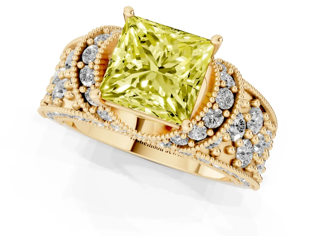 Fancy Yellow Princess Cut Halo Pave Diamond Engagement Ring with Milgrain Detailing Yellow gold
