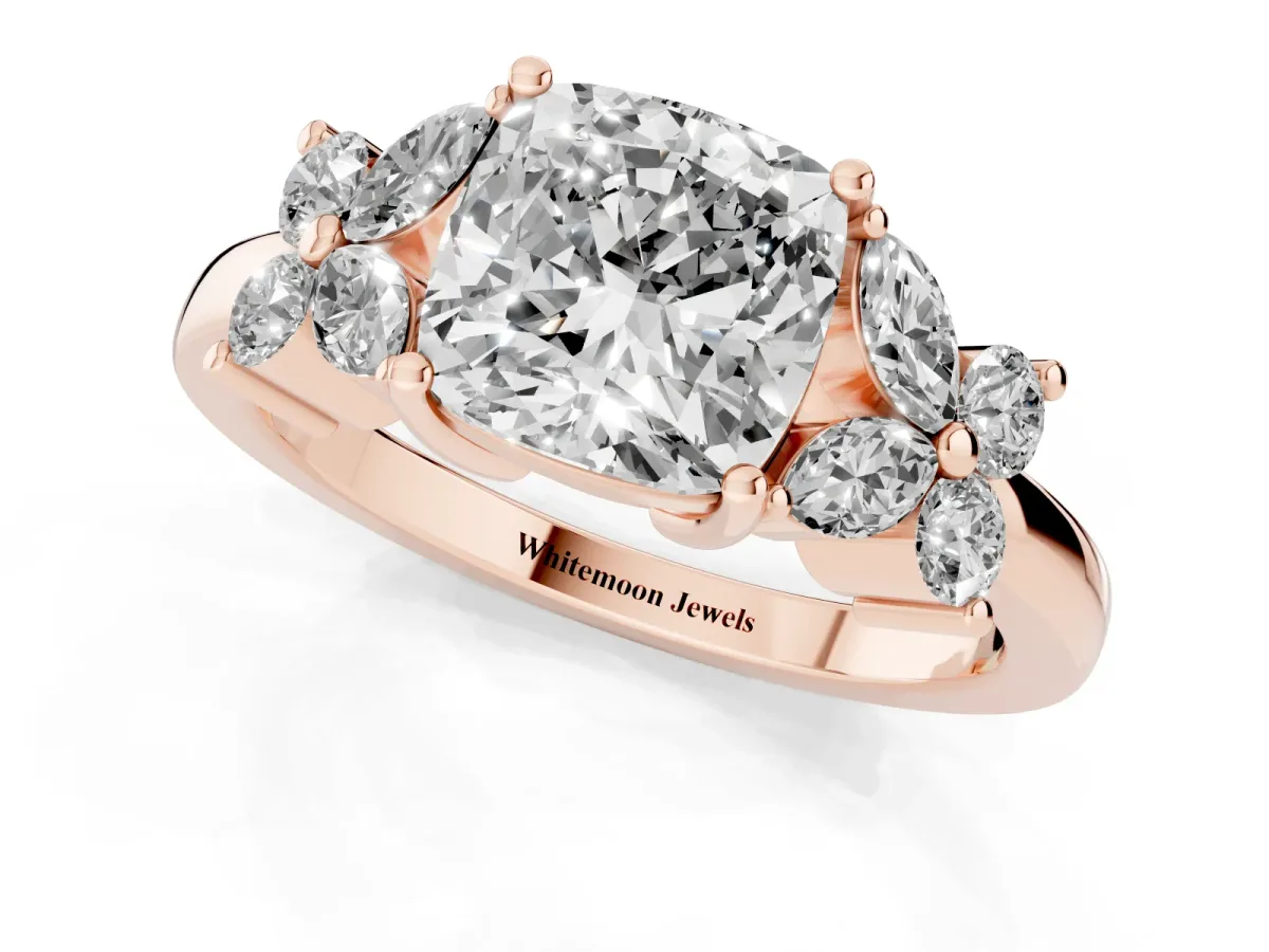 Cushion Cut Diamond Floral Cluster Ring with Solitaire Band and Prong Setting Rose gold