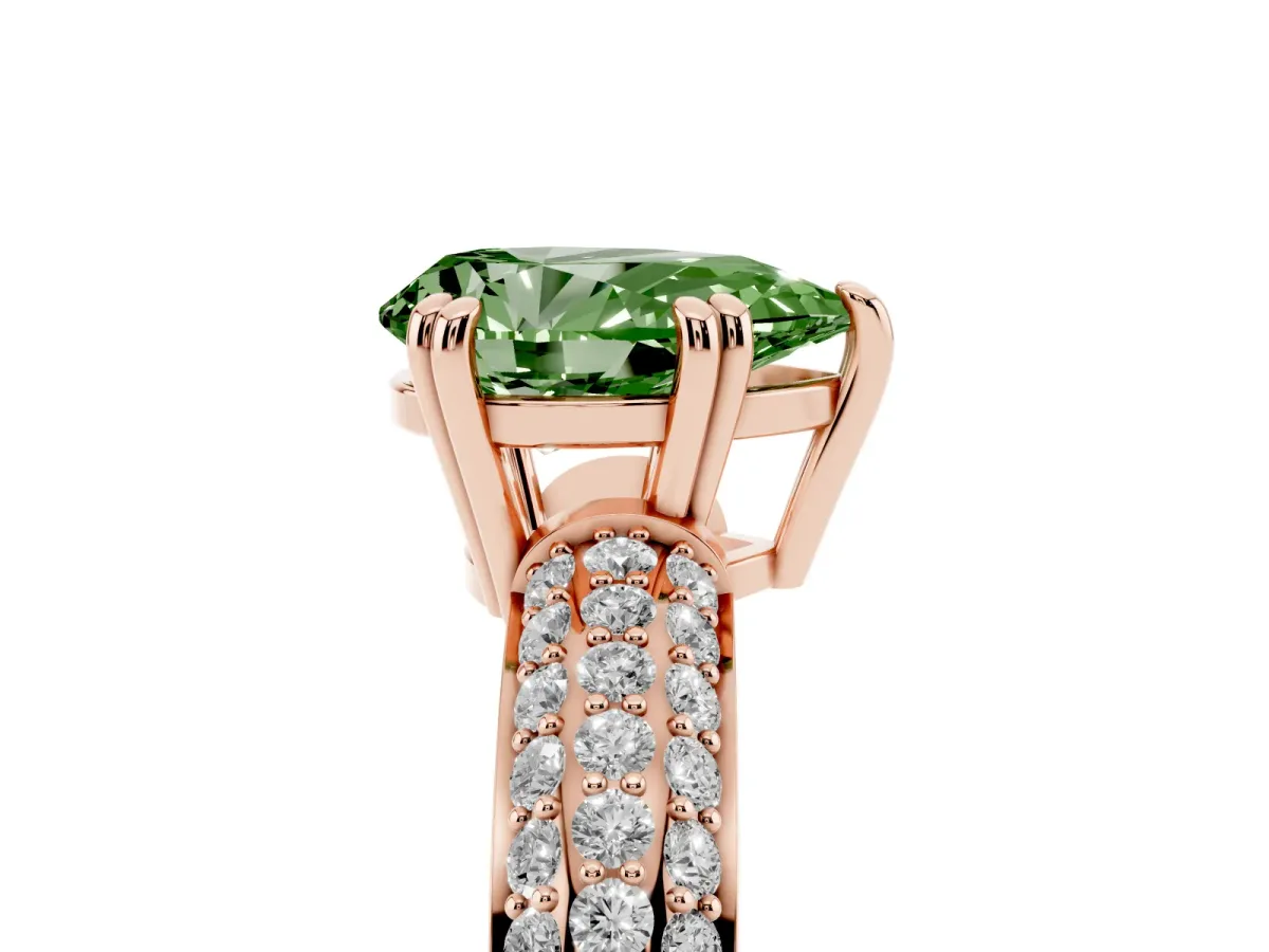 Fancy Green Pear Cut Diamond Solitaire Ring with Multi-Row Round Pavé Band and Prong Setting Rose gold
