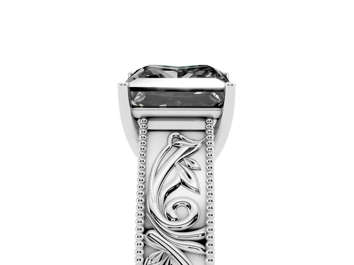 Fancy Black Princess Cut Diamond Solitaire Ring with Engraved Band and Four-Prong Setting Silver
