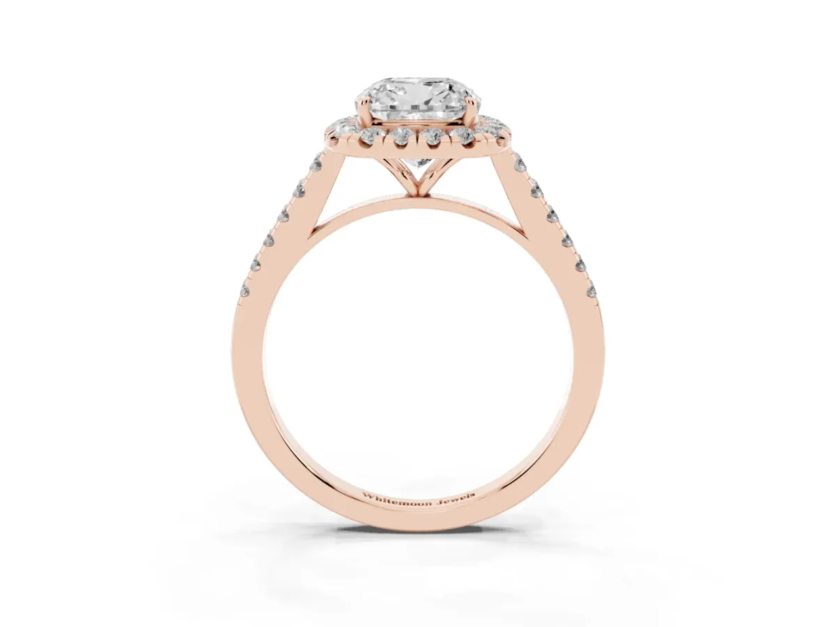 Cushion Cut Halo Pave Diamond Engagement Ring with Four-Prong Setting Rose gold