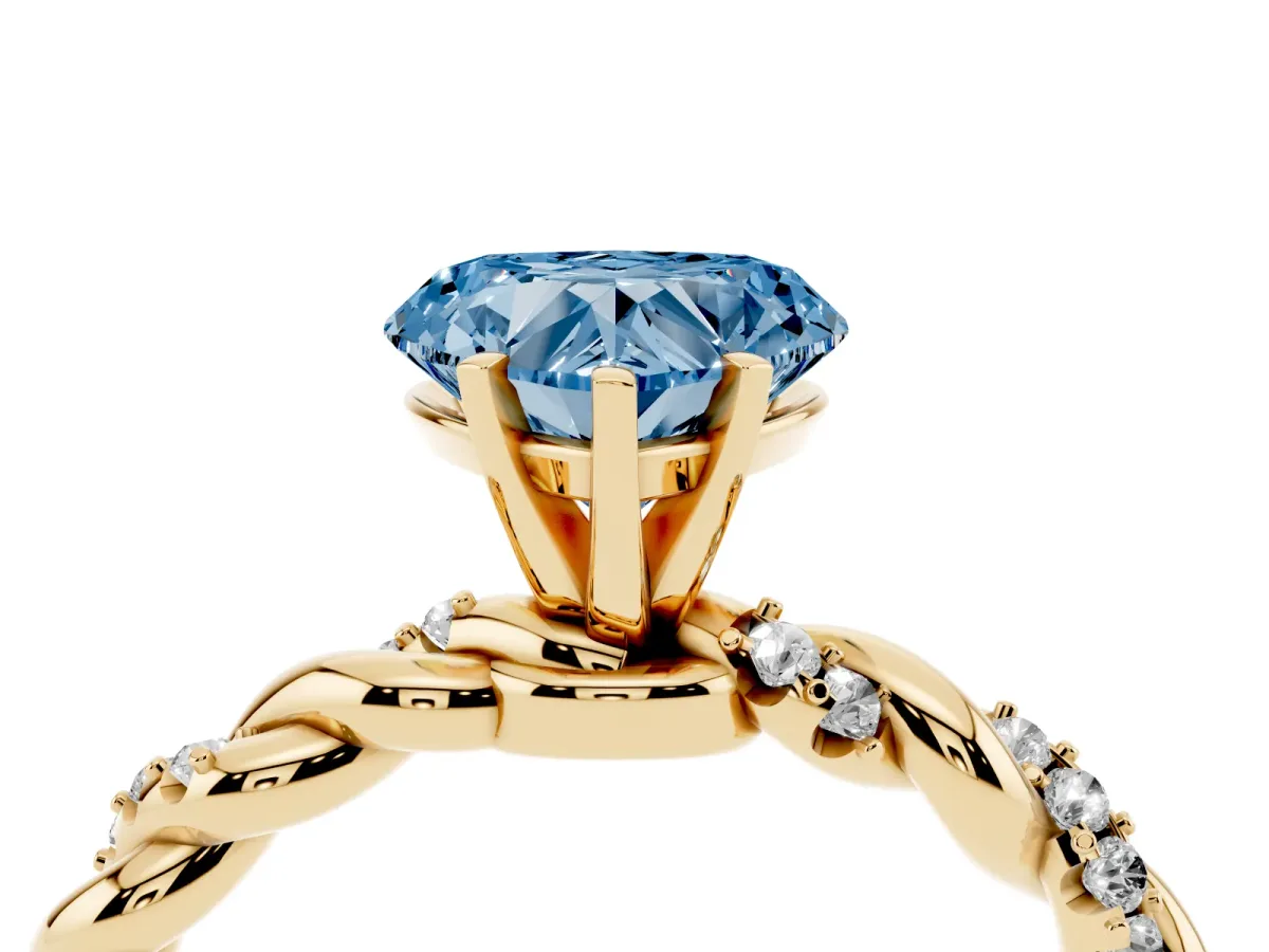 Fancy Blue Heart Cut Diamond Solitaire Ring with Twisted Band and Pavé Accents Yellow gold