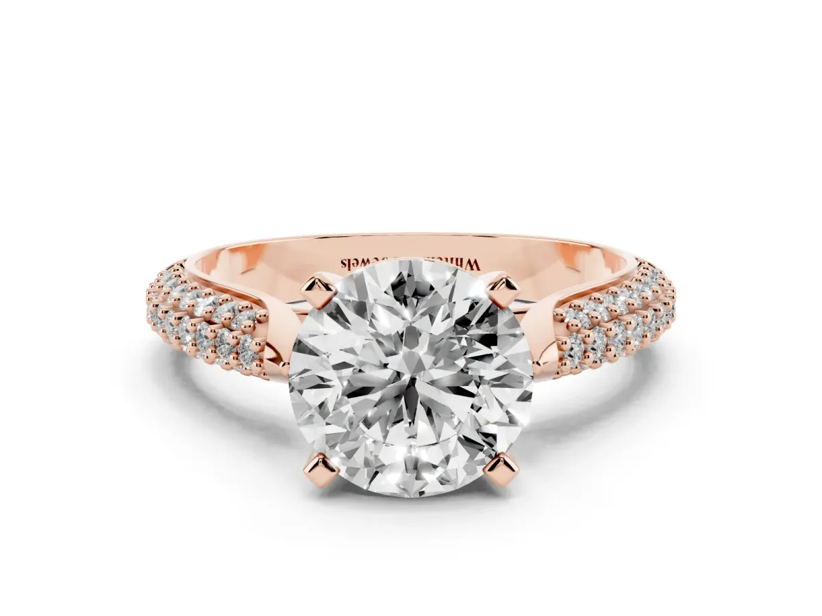 Round Cut Diamond Solitaire Engagement Ring with Multi-Row Round Pavé Band and Prong Setting Rose gold