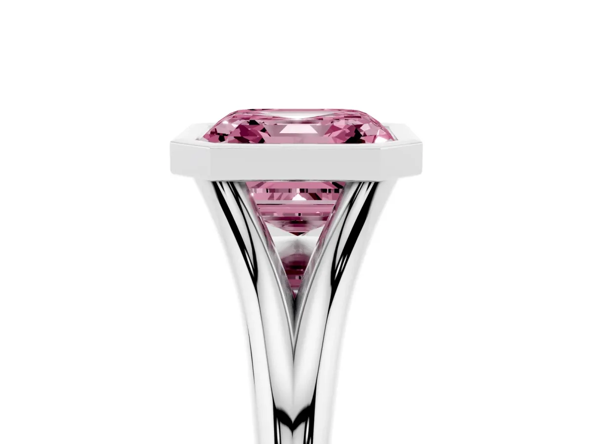 Fancy Pink Bezel Set Asscher Cut Cut Solitaire Ring with Tapered Band Silver