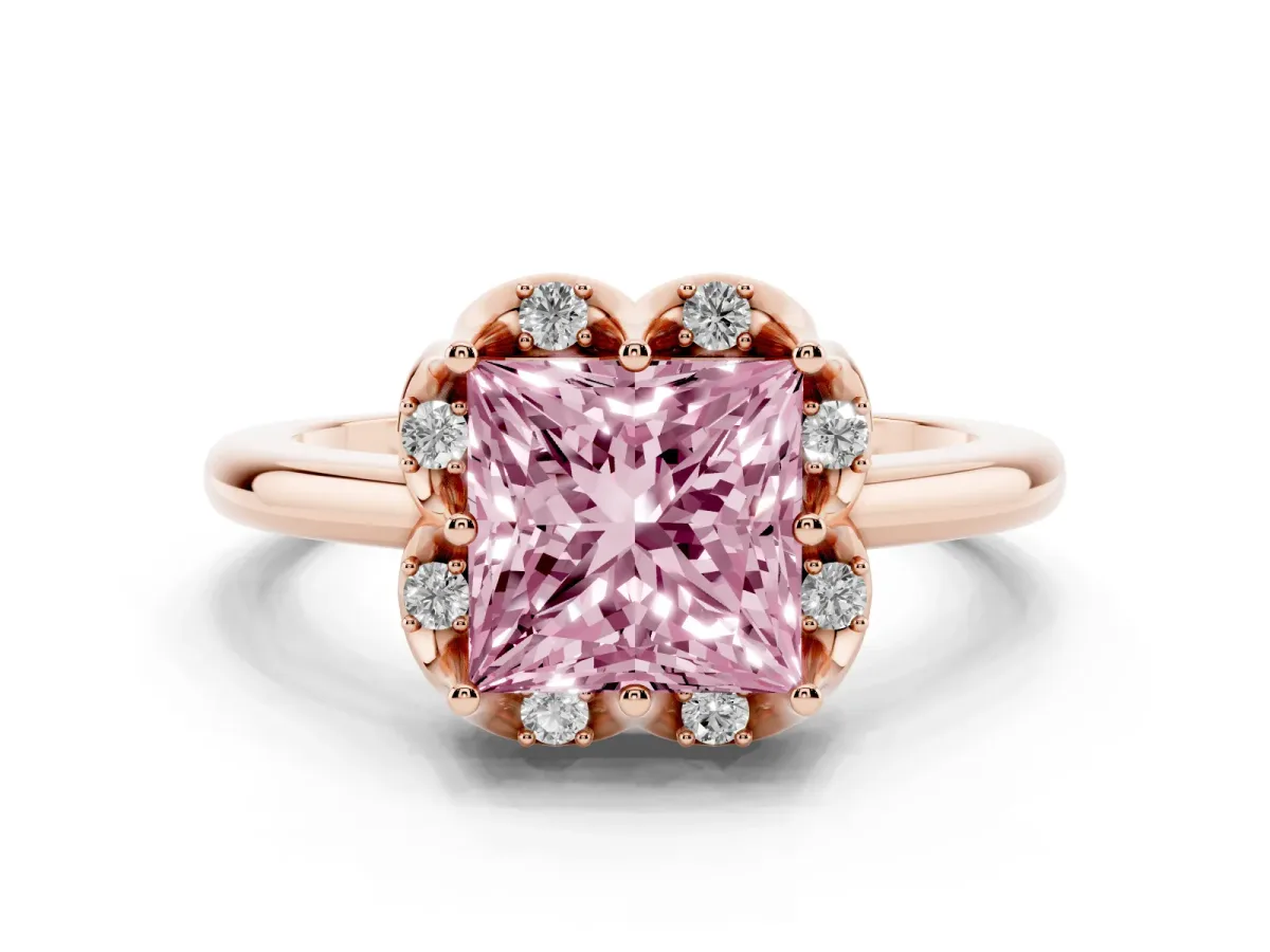 Fancy Pink Princess Cut Halo Diamond Ring with Round Cluster Setting, Solitaire Band, and Four-Prong Setting Rose gold
