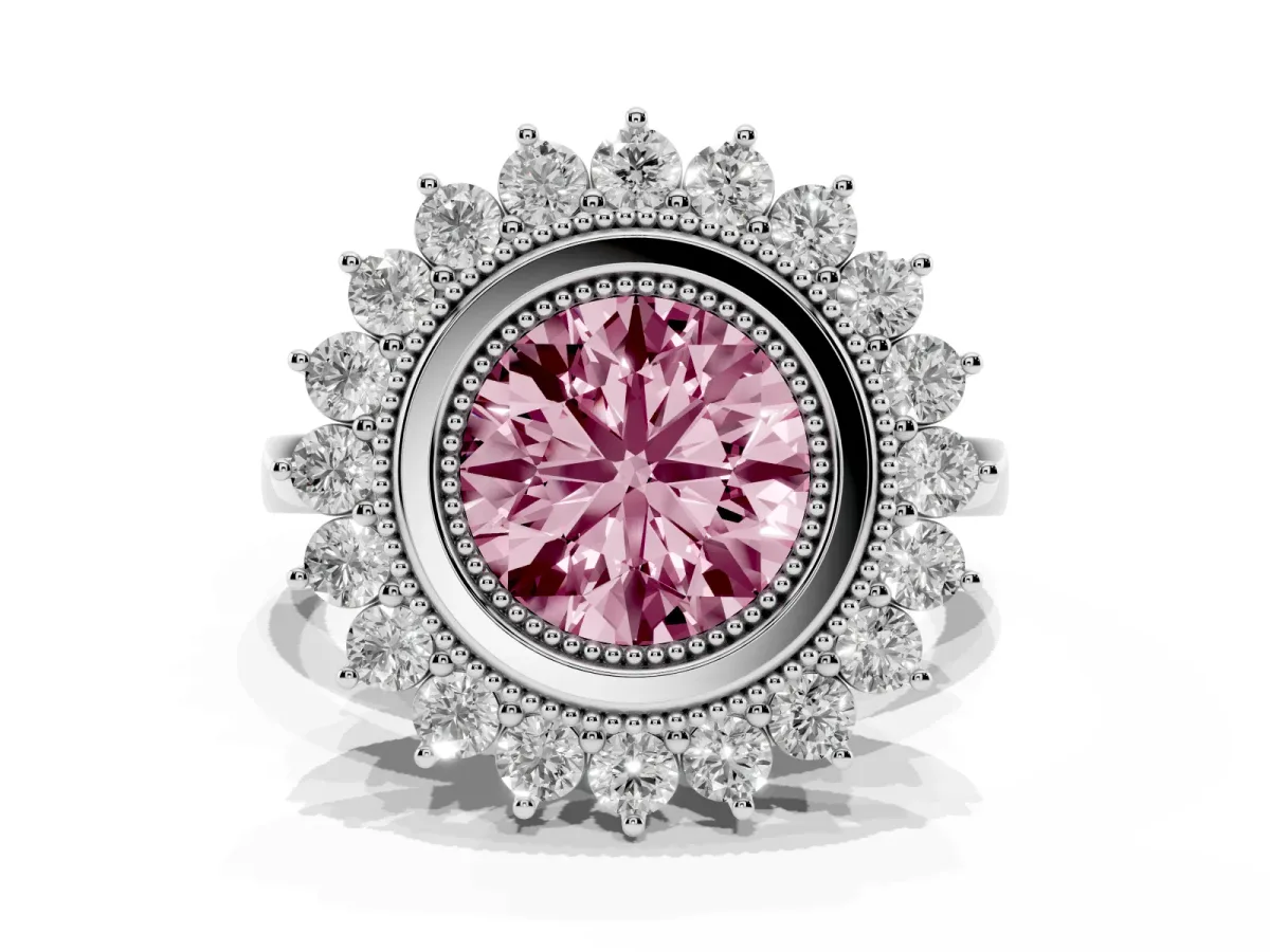 Fancy Pink Round Cut Halo Diamond Ring with Milgrain Edge and Round Prong Setting Silver