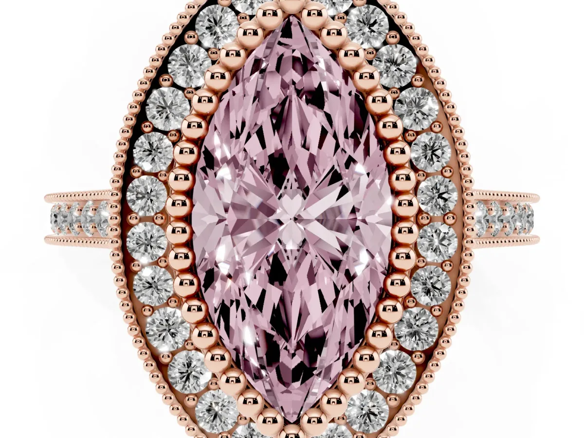 Fancy Pink Marquise Cut Diamond Halo Ring with Milgrain Frame and Pavé Band Rose gold