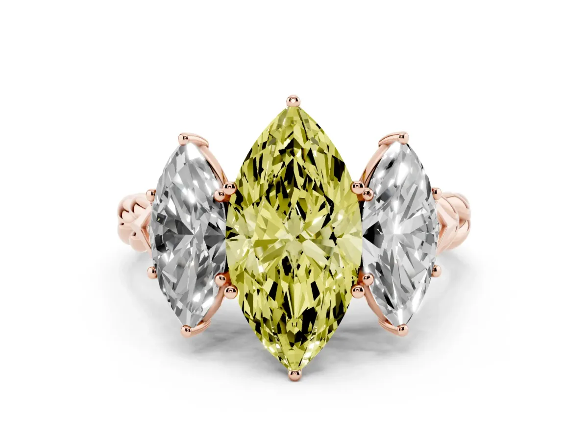 Fancy Yellow Three-Stone Marquise Cut Diamond Braided Band Ring with Four-Prong Setting Rose gold