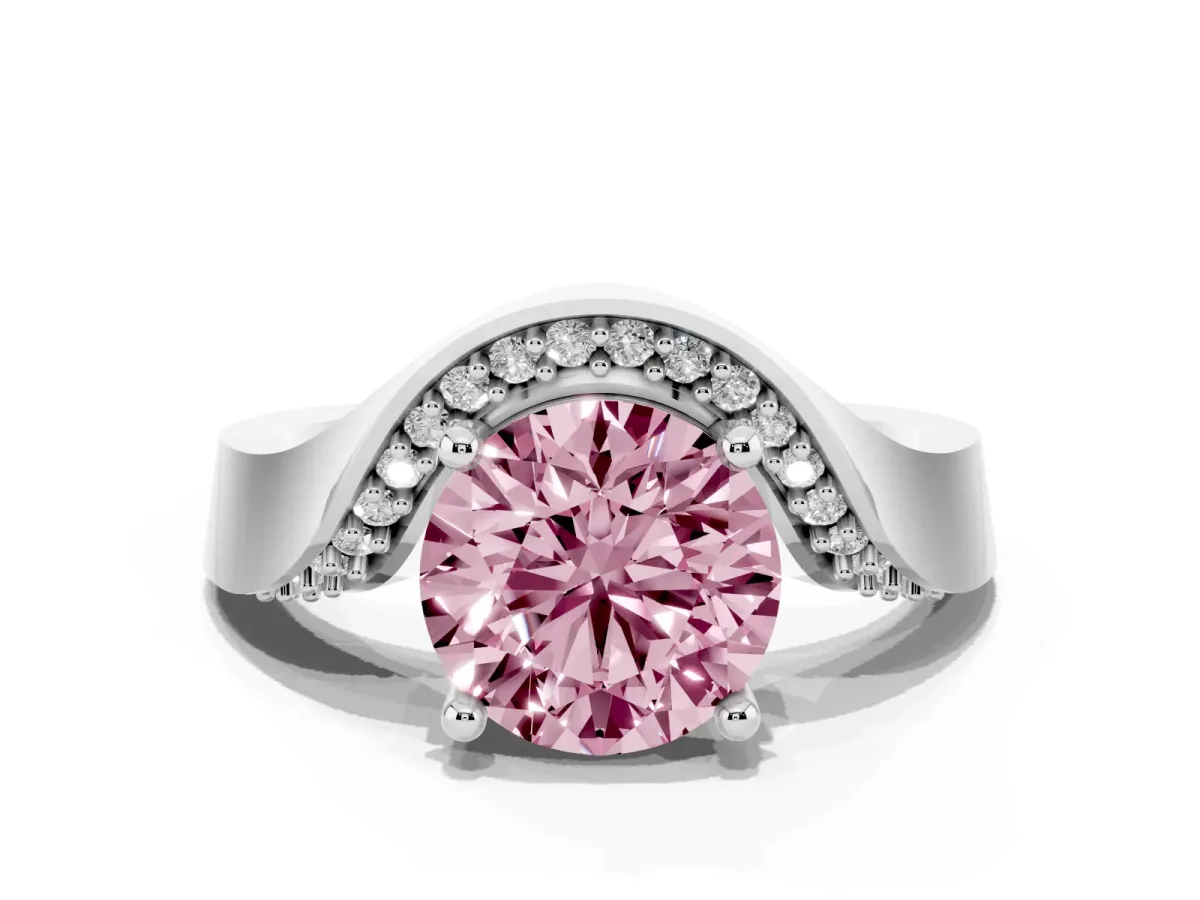 Fancy Pink Round Cut Solitaire Diamond Engagement Ring with Pave Band and Four-Prong Setting Platinum
