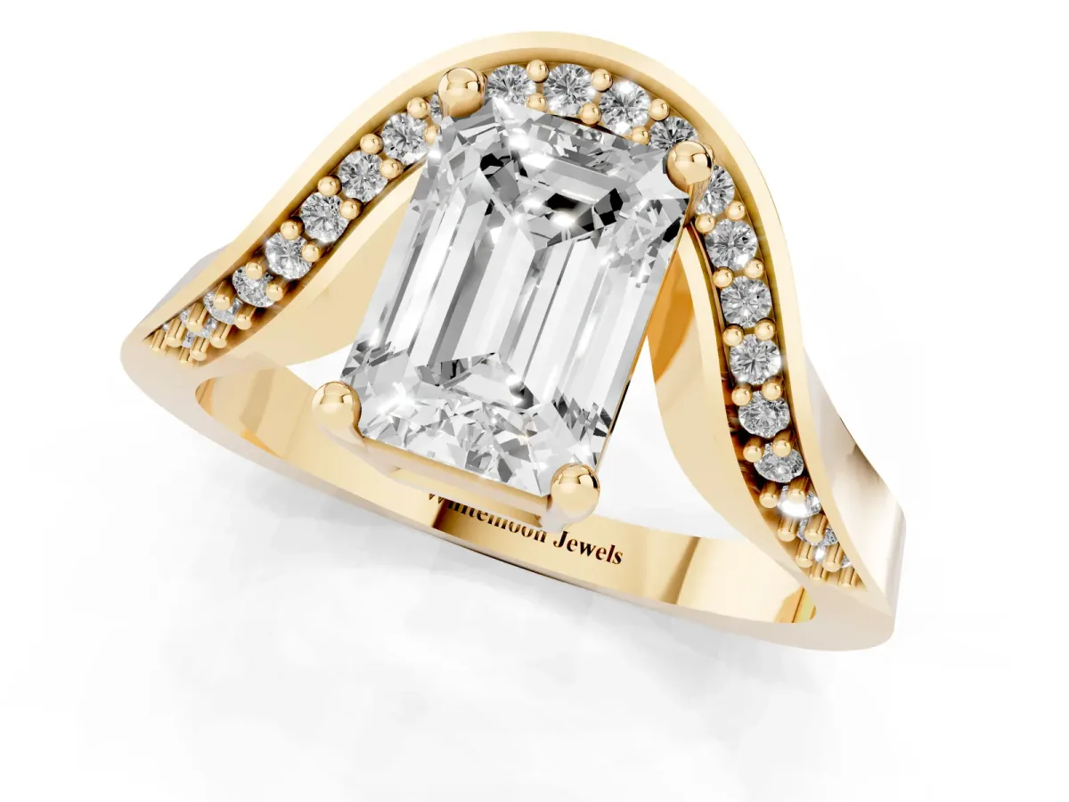 Emerald Cut Solitaire Diamond Engagement Ring with Pave Band and Four-Prong Setting Yellow gold