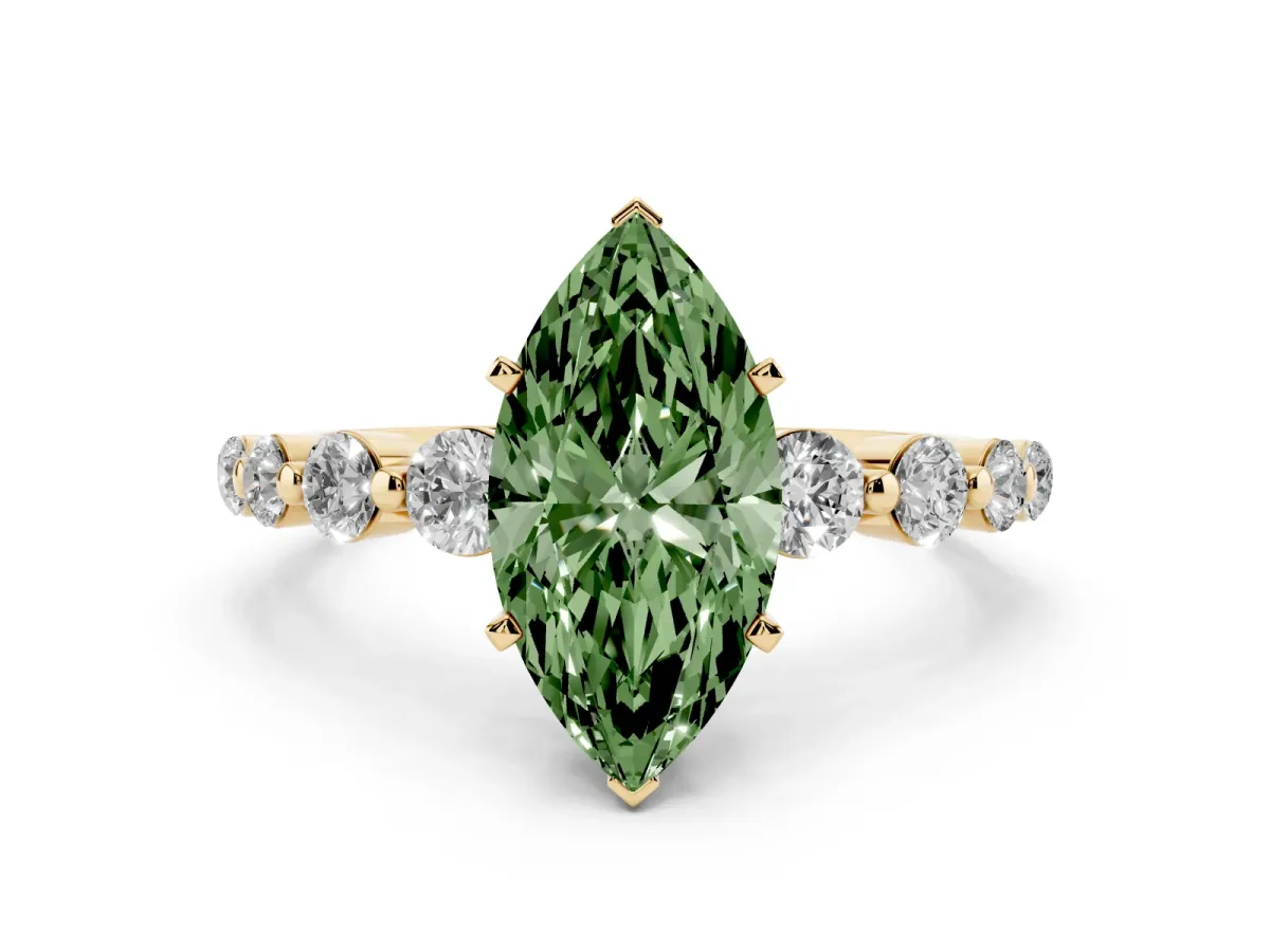 Fancy Green Marquise Cut Solitaire Diamond Ring with Pave Band and Four-Prong Setting Yellow gold