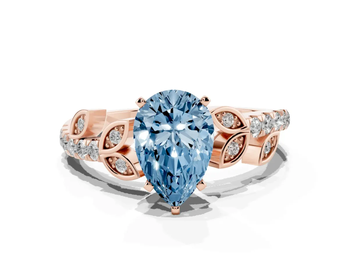 Fancy Blue Pear Cut Solitaire Leaf-Inspired Diamond Ring with Pavé Band and Four-Prong Setting Rose gold
