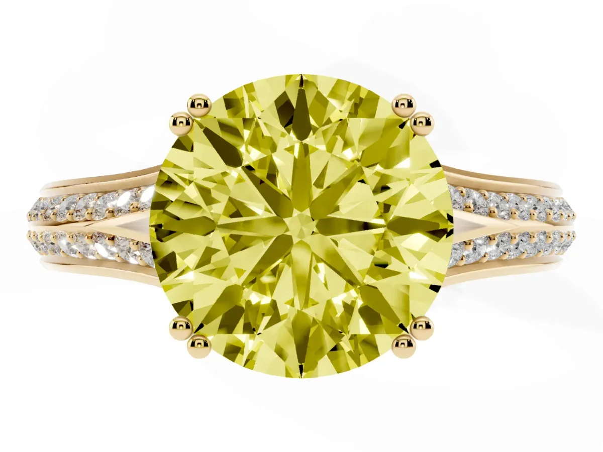 Fancy Yellow Round Cut Diamond Split Shank Engagement Ring with Pavé Band Yellow gold