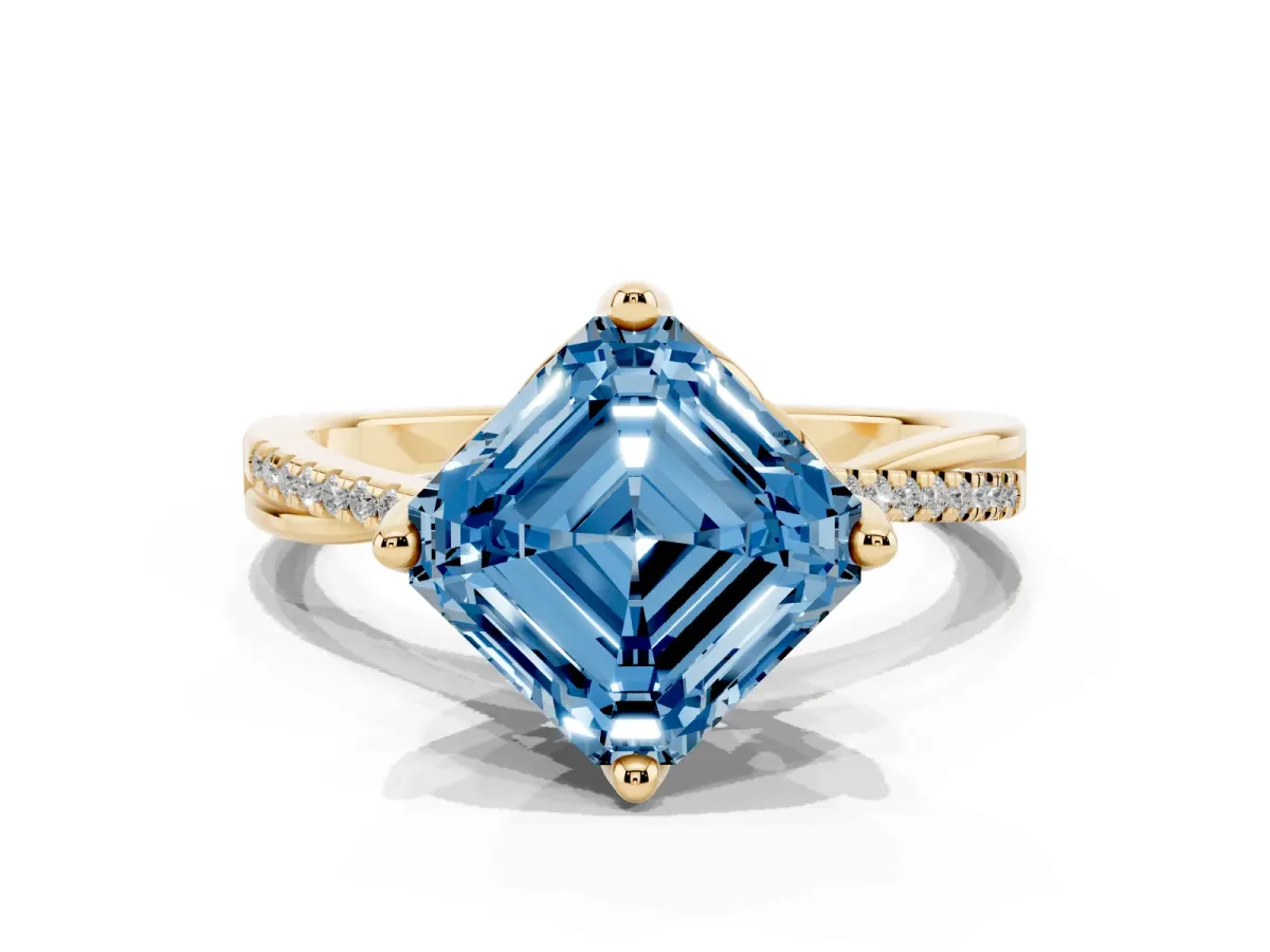 Fancy Blue Asscher Cut Solitaire Twist Band with Pavé Diamonds and Four-Prong Setting Yellow gold