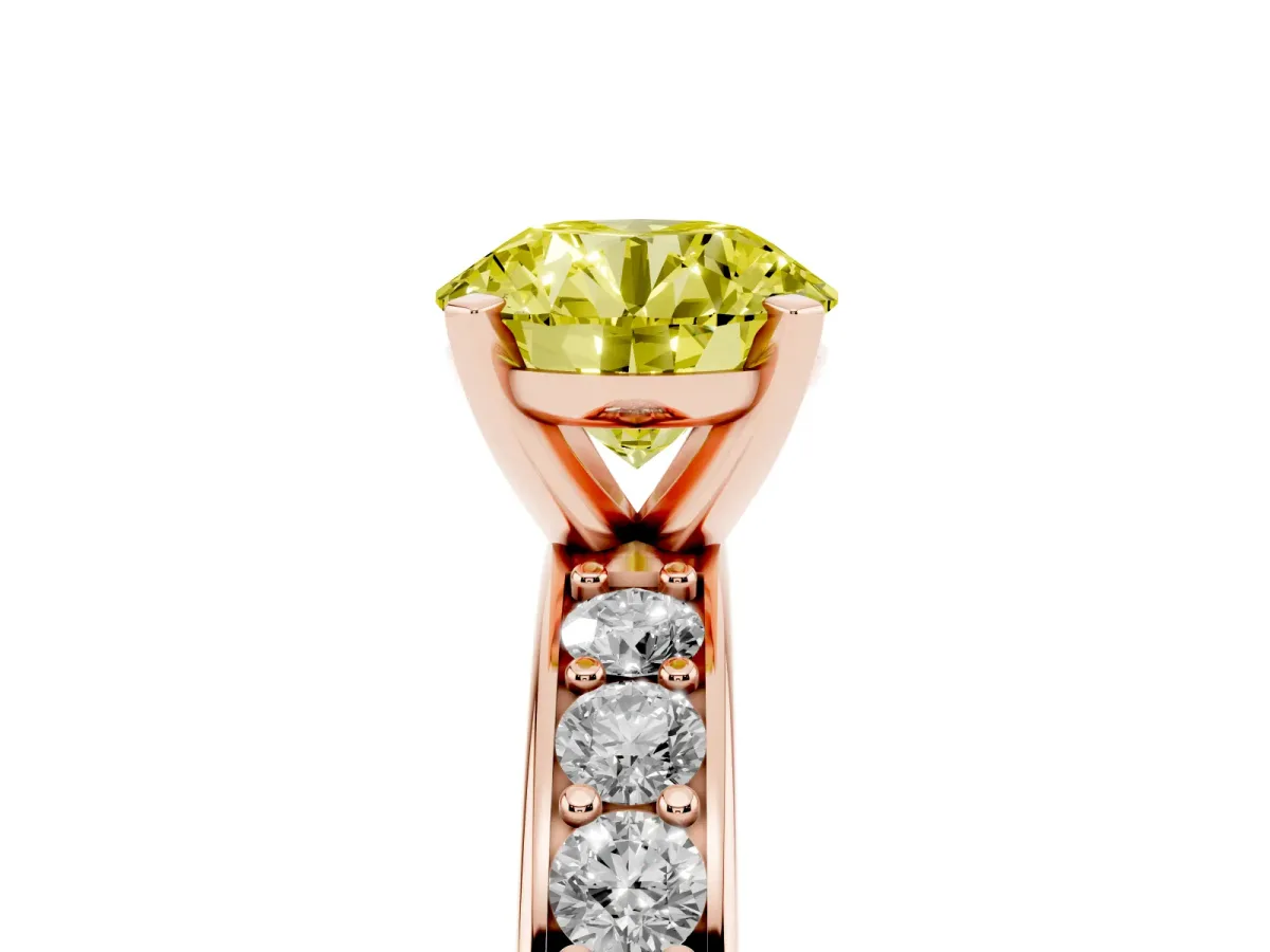 Fancy Yellow Round Cut Diamond Engagement Ring with Channel Set Round Band and Prong Setting Rose gold
