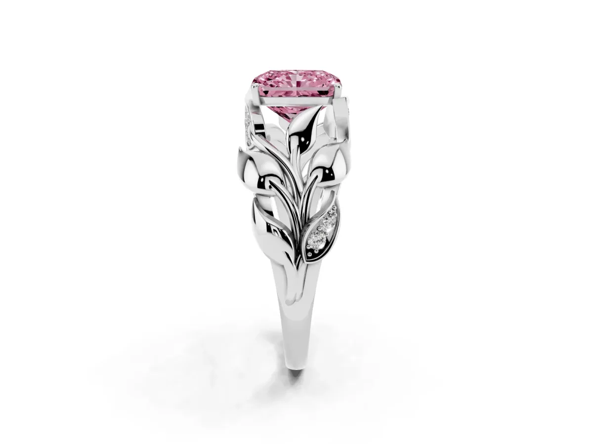 Fancy Pink Radiant Cut Diamond Leaf-Inspired Engagement Ring with Round Accents and Prong Setting Silver