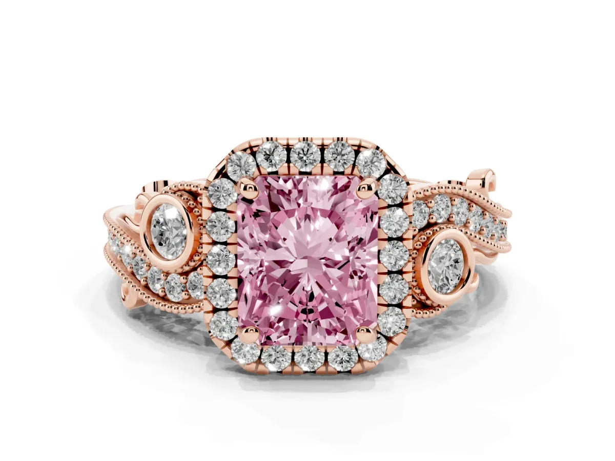 Fancy Pink Radiant Cut Diamond Halo Ring with Milgrain Pavé Band and Four-Prong Setting Rose gold