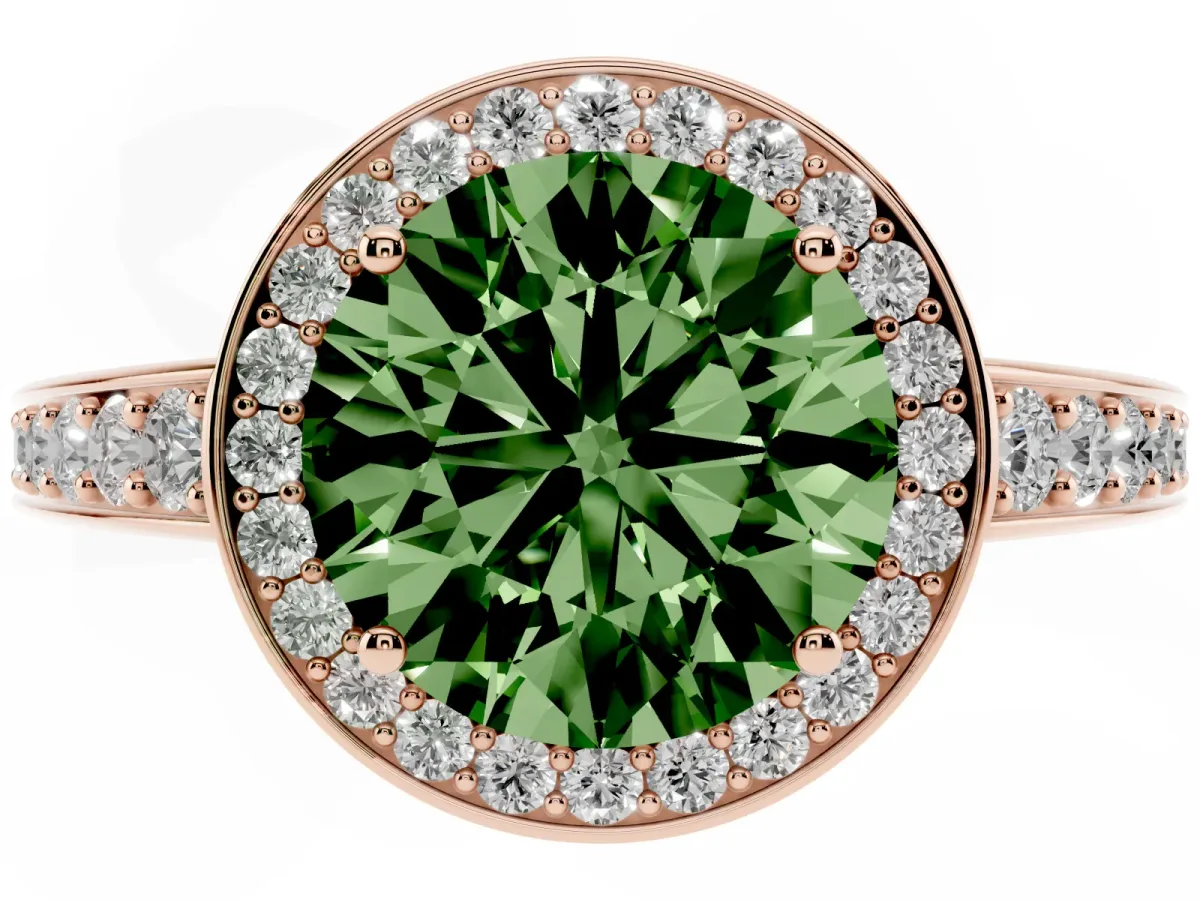 Fancy Green Round Cut Halo Pavé Diamond Engagement Ring with Bezel Setting Rose gold