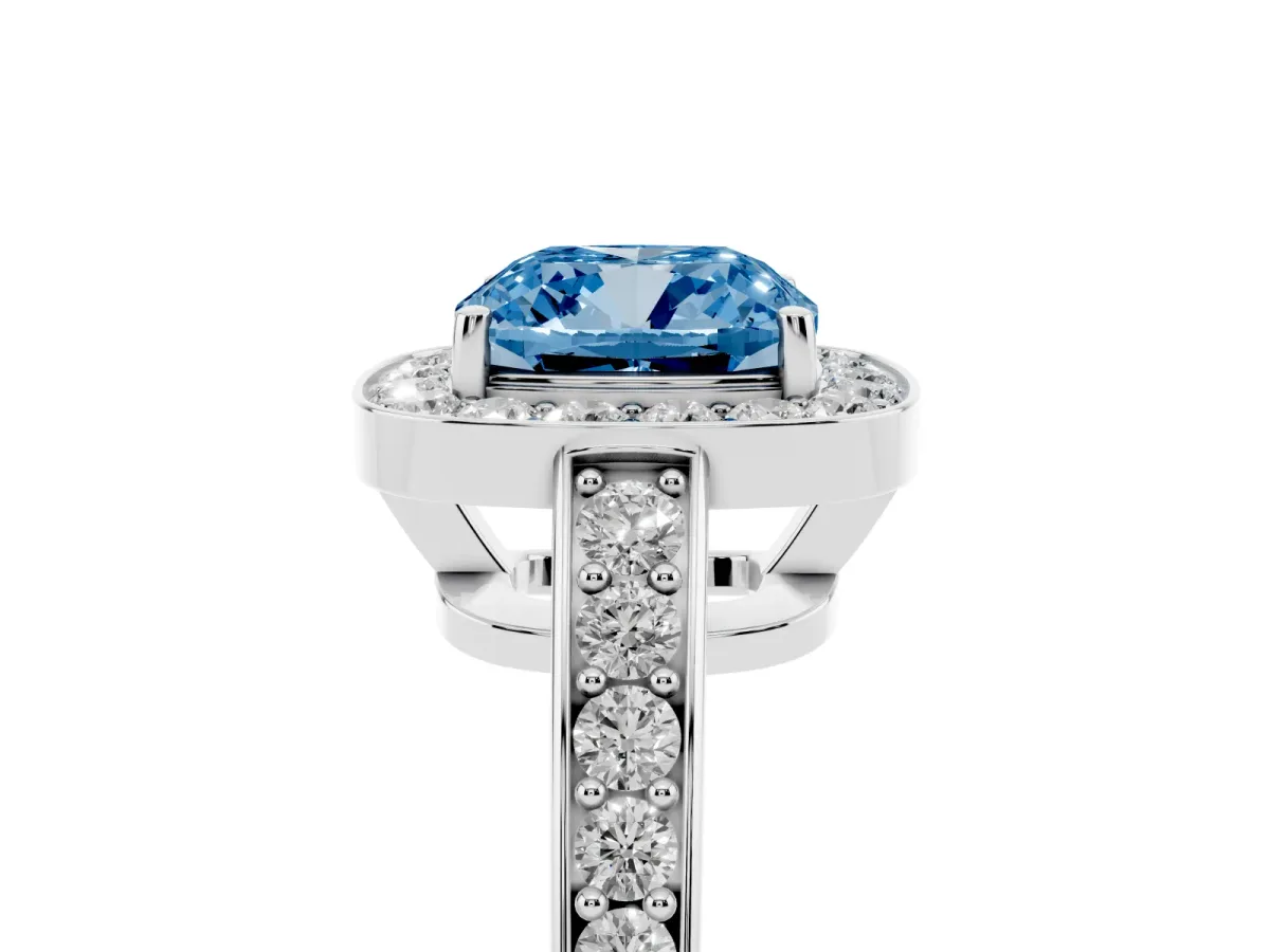 Fancy Blue Cushion Cut Halo Pavé Diamond Engagement Ring with Bezel Setting Platinum
