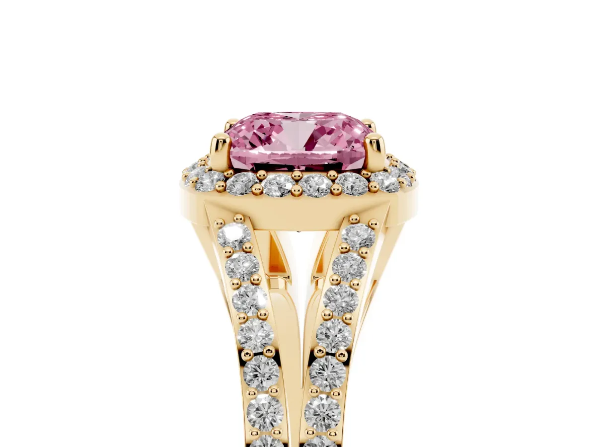 Fancy Pink Cushion Cut Halo Split Shank Pave Diamond Ring with Four-Prong Setting Yellow gold