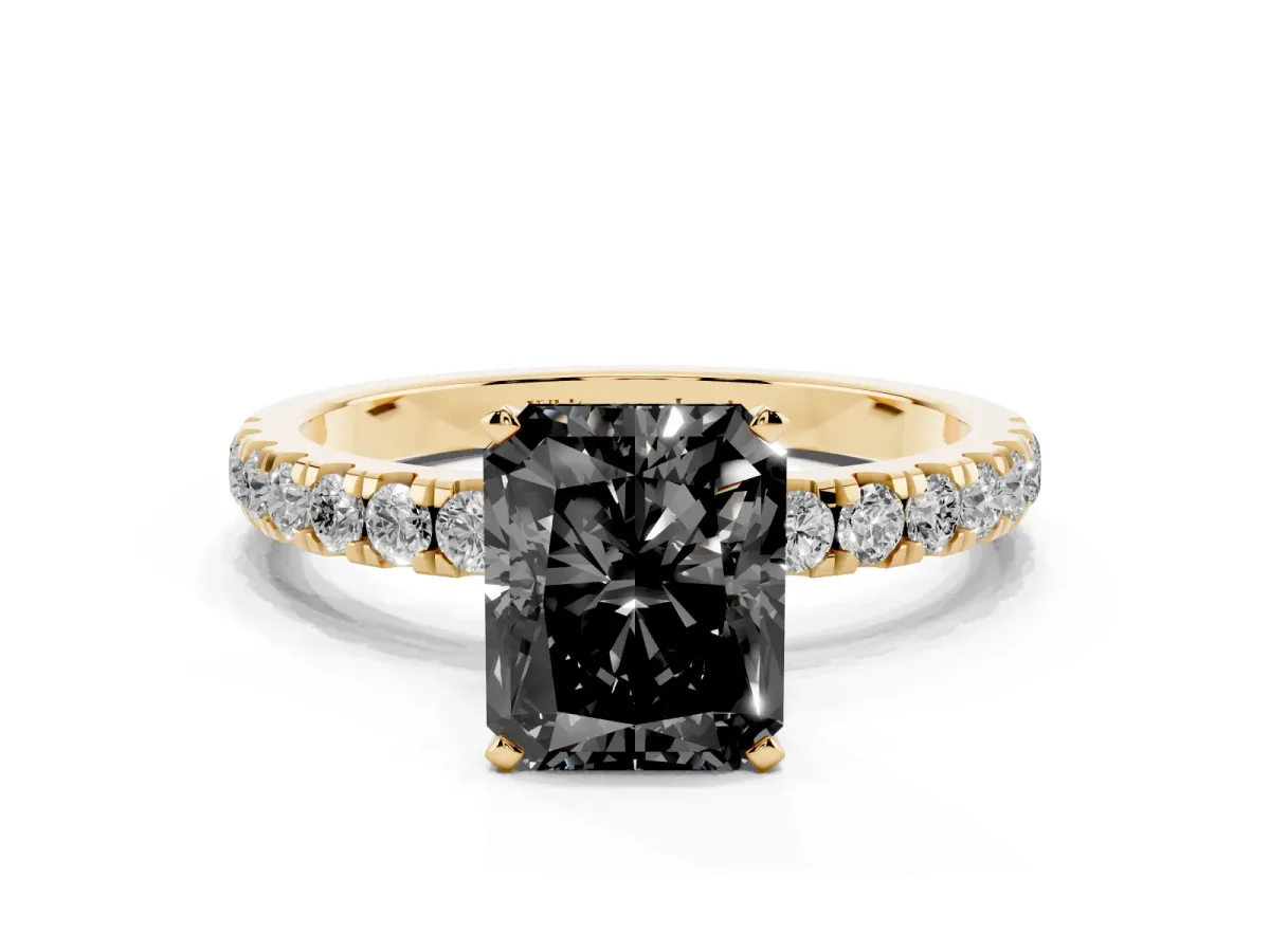 Fancy Black Radiant Cut Diamond Solitaire Ring with Pavé Accents and Four-Prong Setting Yellow gold