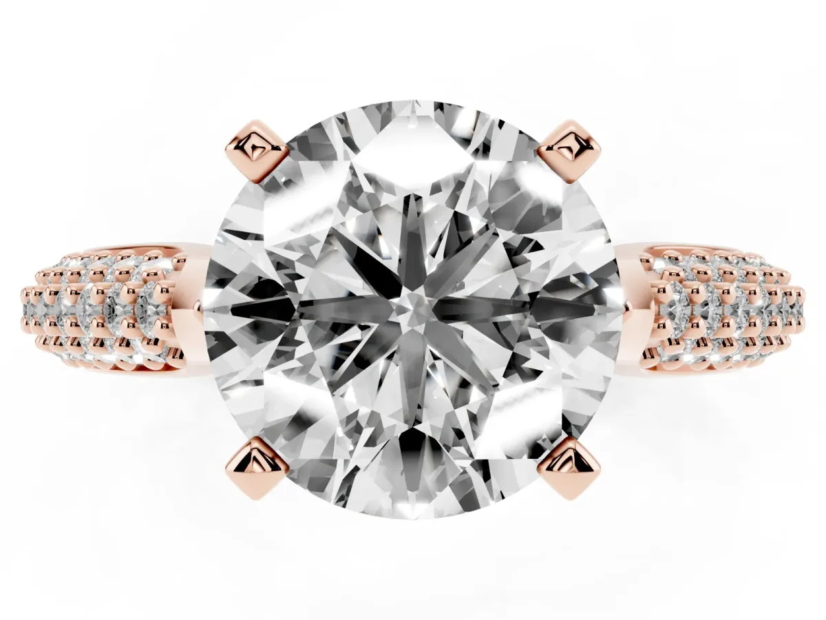 Round Cut Diamond Solitaire Engagement Ring with Multi-Row Round Pavé Band and Prong Setting Rose gold
