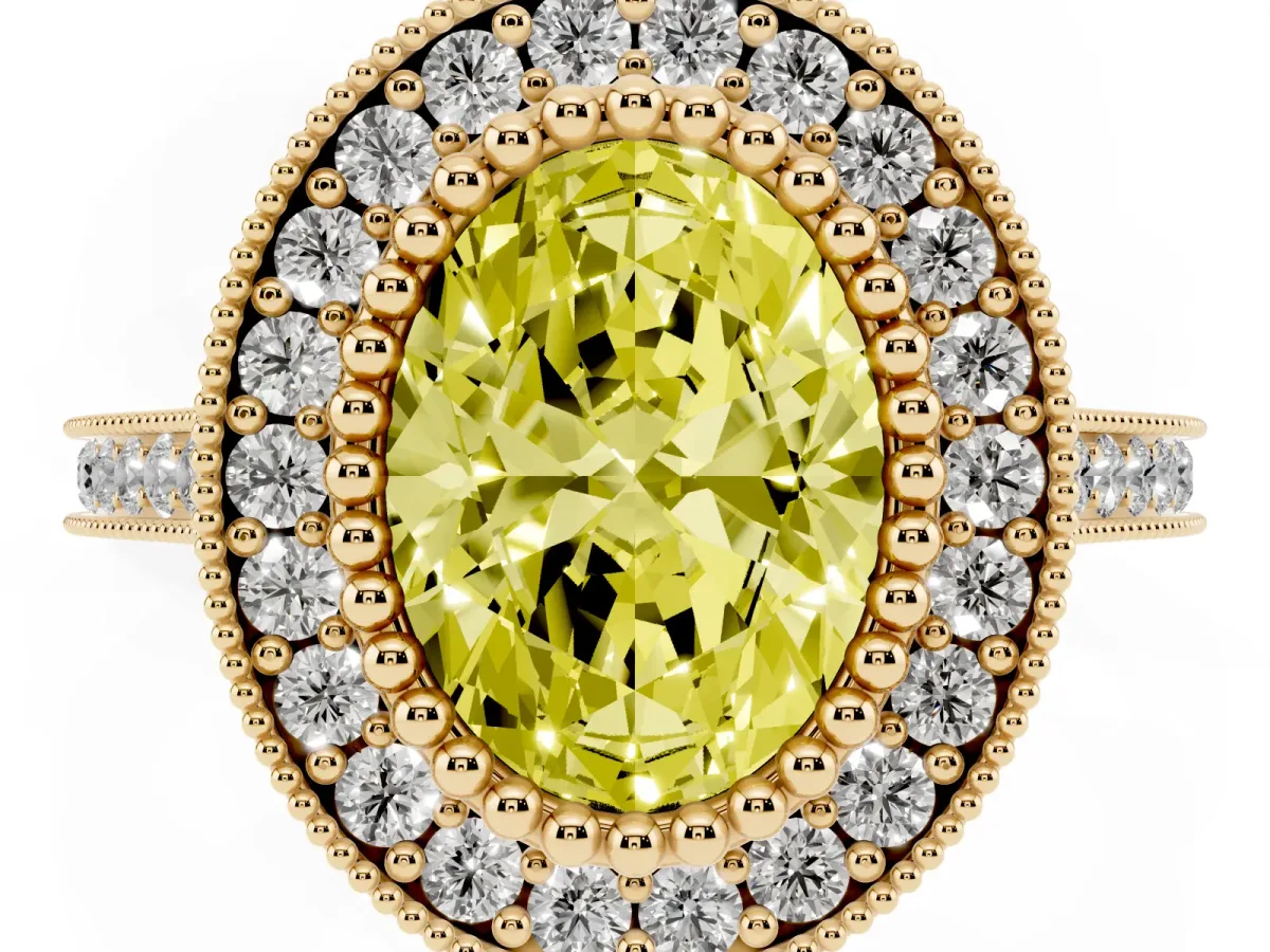Fancy Yellow Oval Cut Diamond Halo Ring with Milgrain Frame and Pavé Band Yellow gold