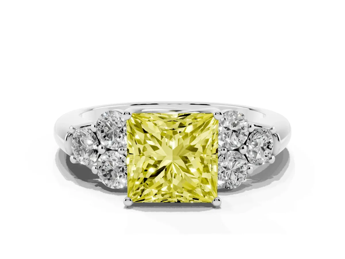 Fancy Yellow Princess Cut Cut Diamond Cluster Ring with Round Accent Stones and Prong Setting on a Classic Band White gold
