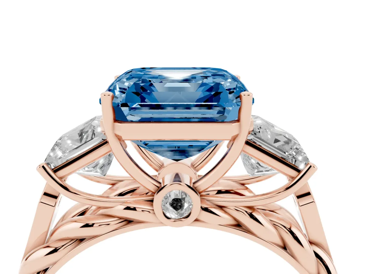 Fancy Blue Three-Stone Asscher Cut Diamond Braided Band Ring with Four-Prong Setting Rose gold